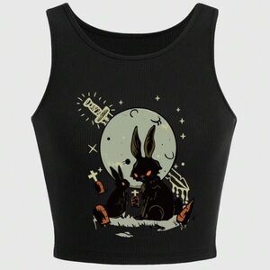 ROMWE Goth Cartoon Bunny Graphic Tank Top Sz L Cemetery Graveyard